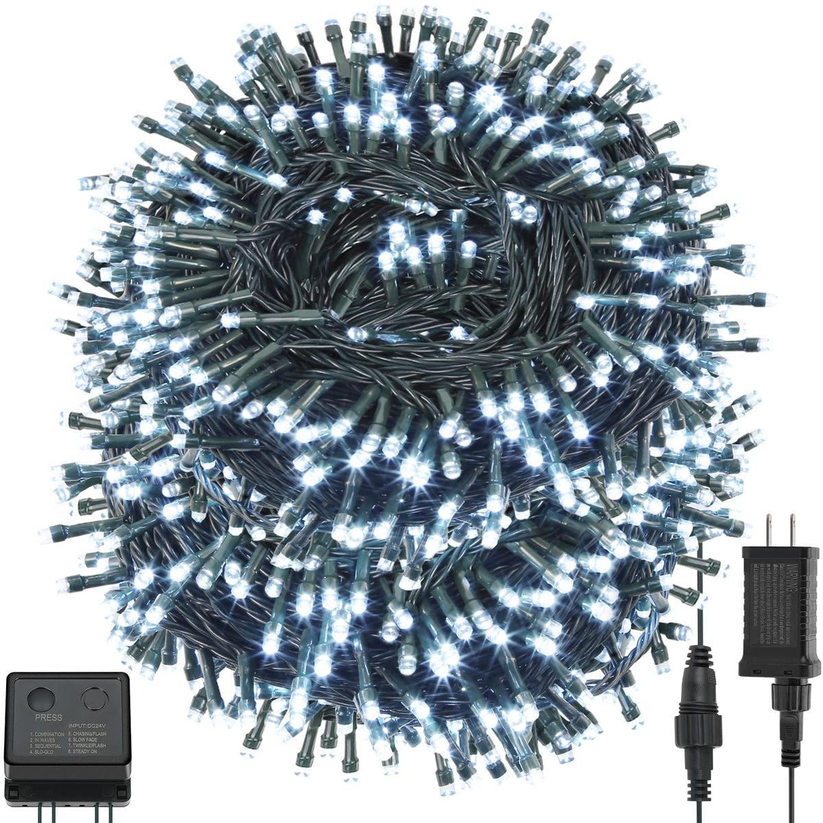 QUWIN Led Outdoor Christmas String Lights, 500 LED UL Certified 8 Lighting Modes, Indoor & Outside Waterproof Fairy Light for Christmas Tree, Patio, Holidays, Party (180 Ft Cool White)