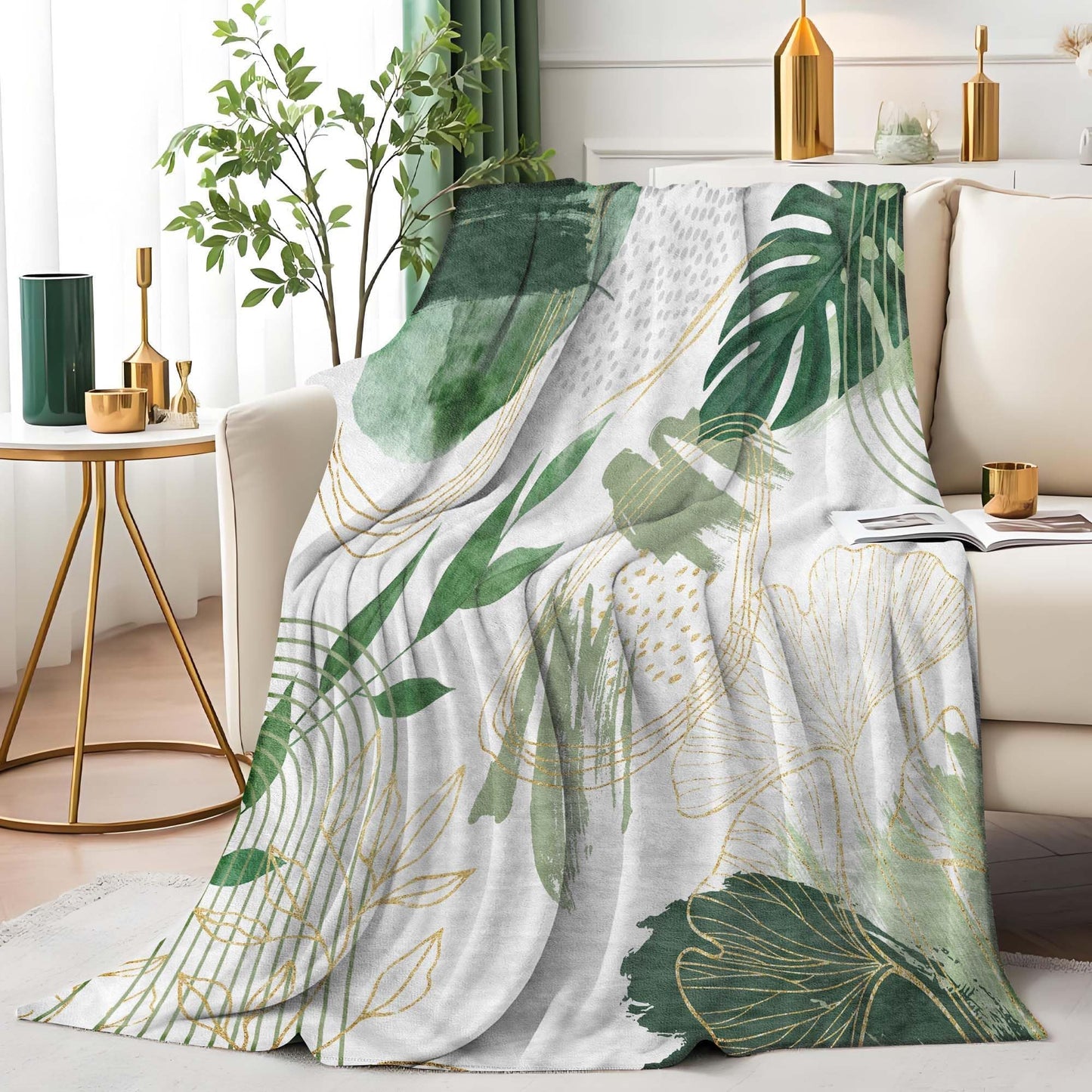 Pdvbiee Sage Green Leaf Throw Blanket, 50x60 in