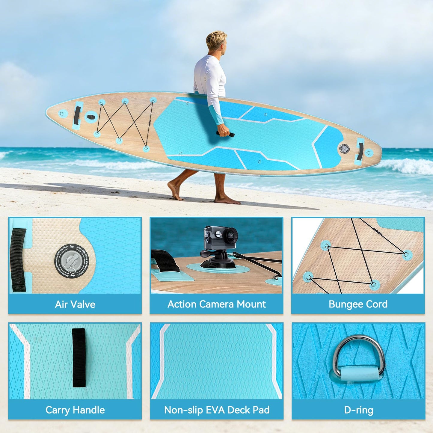 YUSING Inflatable Paddle Board, 10'6" x 33'' x 6" SUP, Paddle Boards for Adults, Non-Slip Deck SUP Paddle Board with SUP Accessories,3 Removable Fins (Wood)