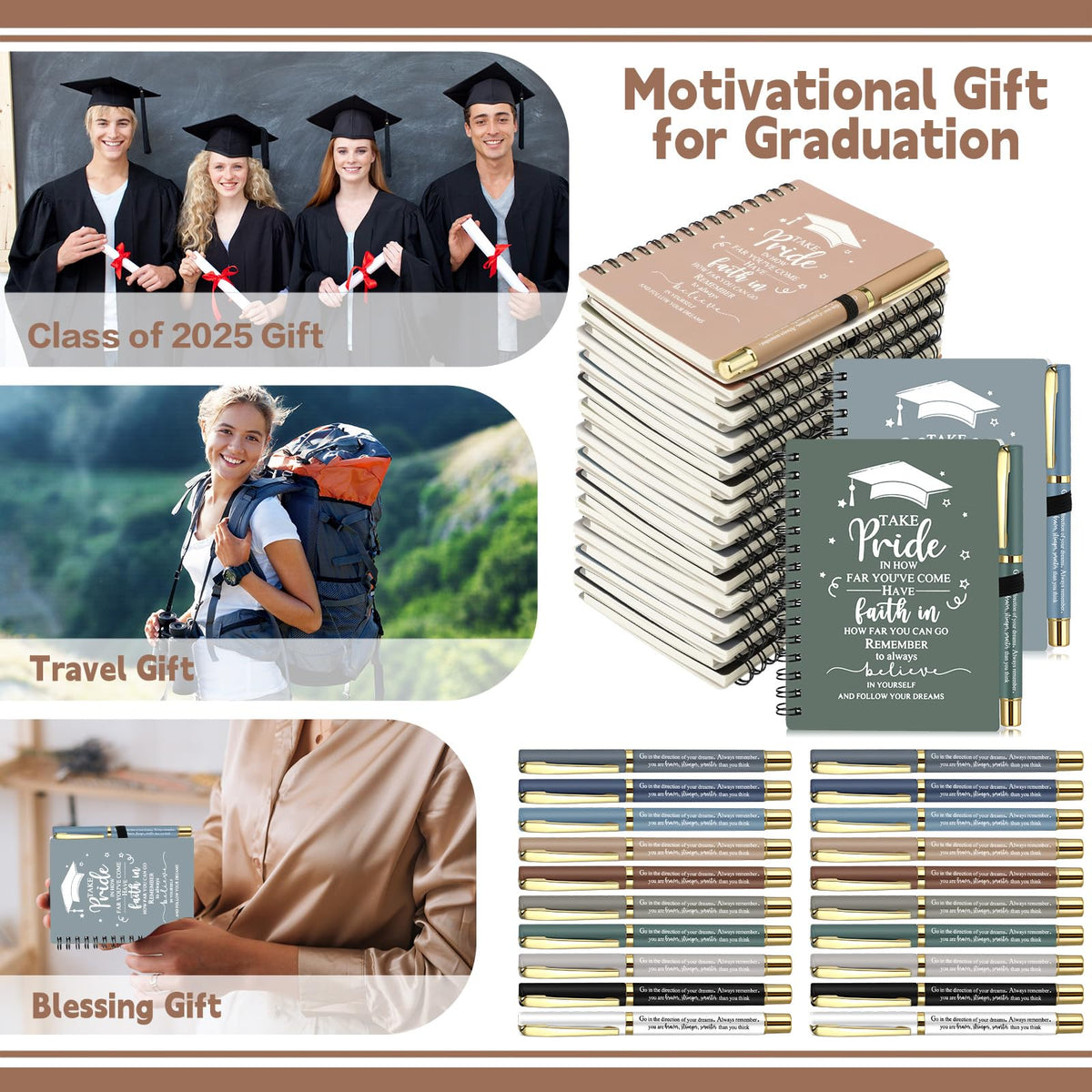 FillTouch 10 Sets 2026 Graduation Gifts Bulk Inspirational Spiral Journal with Motivational Pen Kraft Notebooks Class of 2026 Gifts for College Graduate (Boho Color)