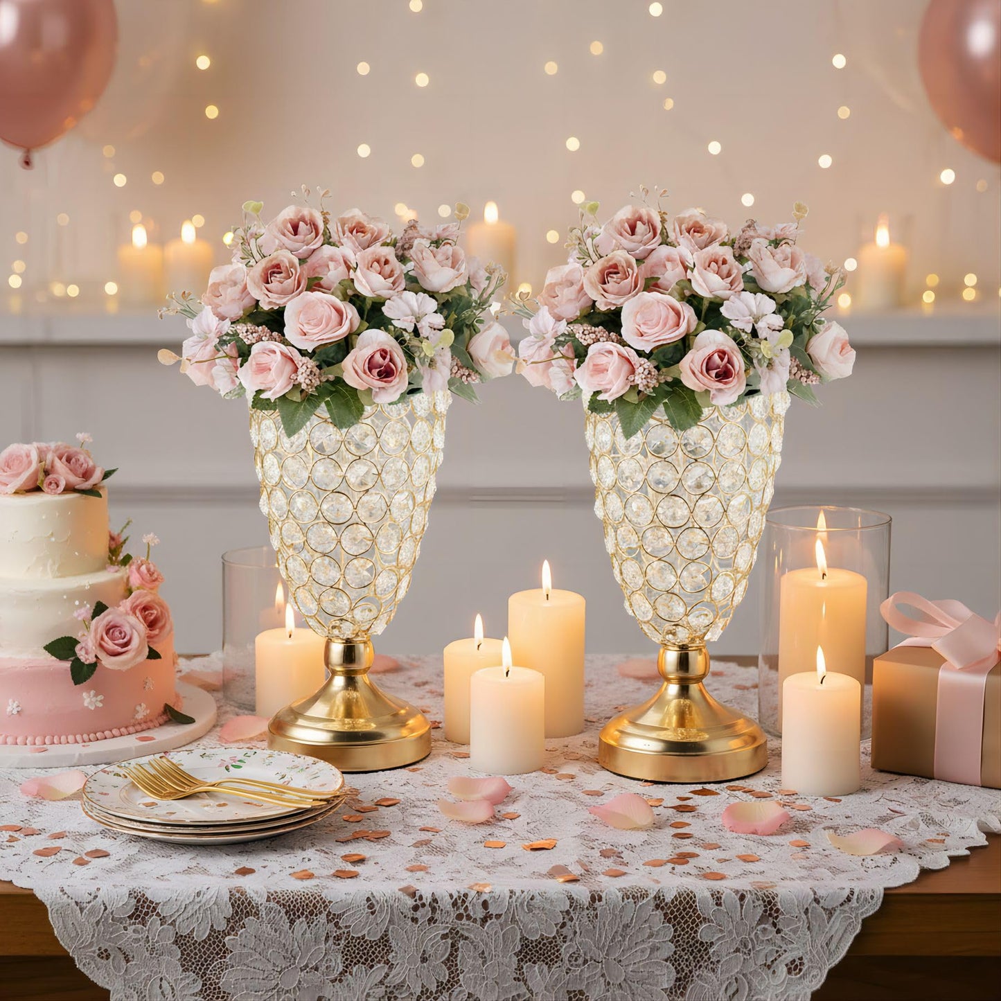 Gold Crystal Trumpet Floral Vase -2 Pcs Centerpieces for Wedding Table, 10.6" Wrought Iron Crystal Vase, Flower Vases for Party Dinner Centerpiece Event, Anniversary Ceremony Birthday Home Decoration