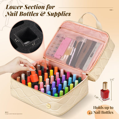 YOREPEK Nail Polish Organizer Case Holds 42+ Bottles (15ml/0.5 fl.oz), 2-Layer Nail Kit Bag with Compartments for Nail Supplies, UV Lamp, Nail Tech Organizers and Storage for Manicure Tools, Beige