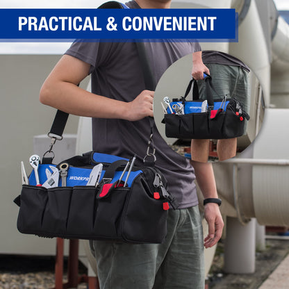 WORKPRO 18-inch, Large Heavy Duty Tool Bag Organiser, Multi-Purpose Wide Open Mouth Storage Bag, Waterproof Electricians Tool Bag with Adjustable Shoulder Strap