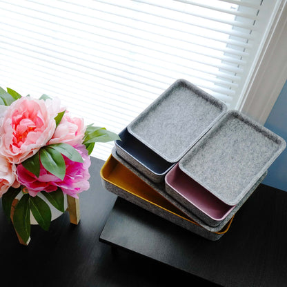 Welaxy Lidded Felt Drawer Organizer Bin with lids Desktop Stackable Organizer Storage box for crafts office supplies pen notes Junk Makeup Stationery Organize 3-Pack ( Curry+Dusty rose +Glacier gray)