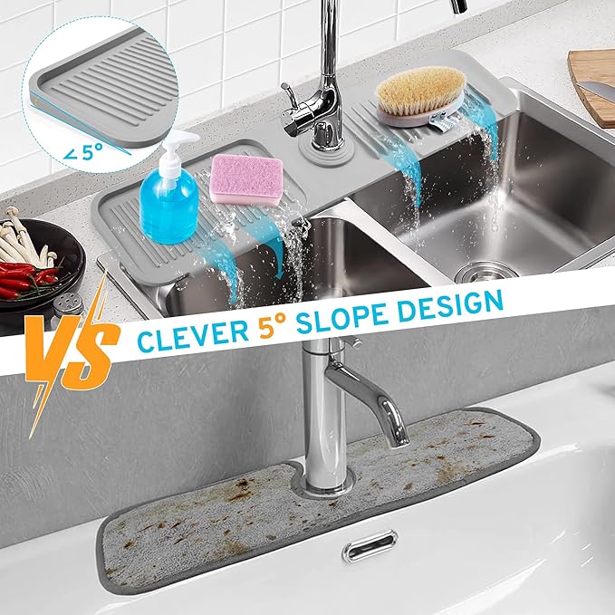 24"Longer Silicone Faucet Mat for Kitchen Sink, 5° Slope Faucets Draining Mat