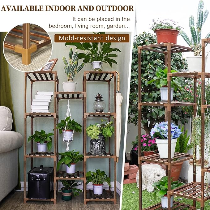 Uneedem Plant Stand Indoor Outdoor, Tall Plant Shelf for Multiple Plants, 10 tiers 11 Pot Large Plants Holder Rack Wood Plant Shelves for Room Corner Balcony Garden Patio