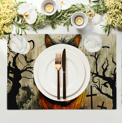 Halloween Black Cat Pumpkin 12x18 Placemats Set of 4 Happy Halloween Bat Branch Linen Table Place Mat Seasonal Fall Washable Heat Resistant Non Slip Table Placemats for Party Kitchen Dining Decor