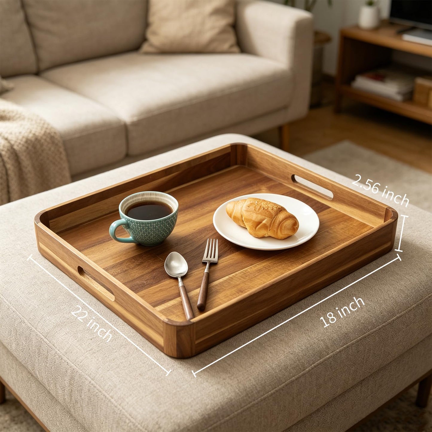 Wooden Serving Tray with Handles,Rustic Ottoman Tray for Kitchen Counter/Coffee Table/Living Room Decor,Versatile Tray for Party Wood ServingTray for Dinner/Breakfast/Snack Entertaining Guests