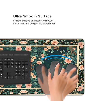 Floral Aesthetic Rose Gaming Mouse Pad, Forest Green Rug Desk Mat with Anti-Slip Base & Stitched Edges,35.4" x 15.7" in Table Mat for Computer Desktop, Beautiful Workstation Decor