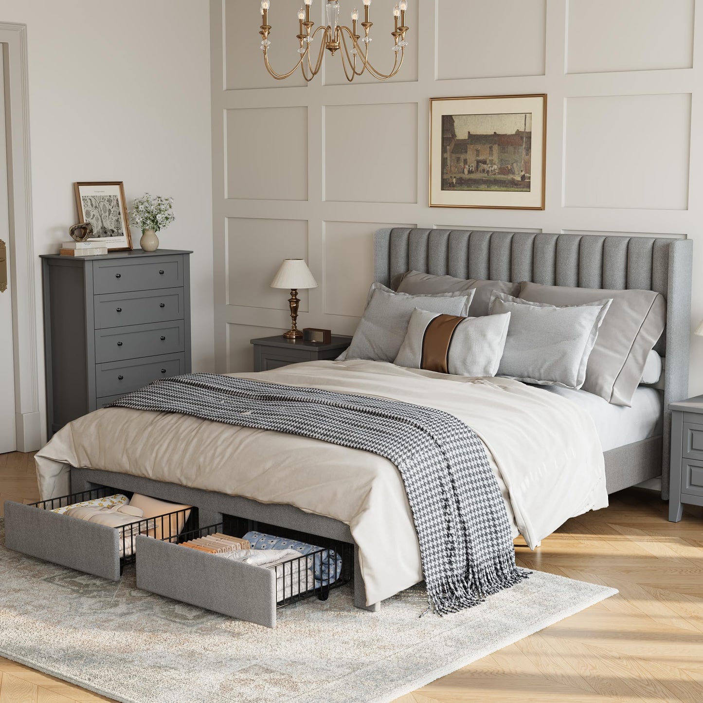 IDEALHOUSE Queen Bed Frame with Wingback Headboard, Velvet Upholstered Platform Bed with 2 Storage Drawers, Vertical Tufted Headboard Design, Wooden Slats Support, No Box Spring Needed, Grey