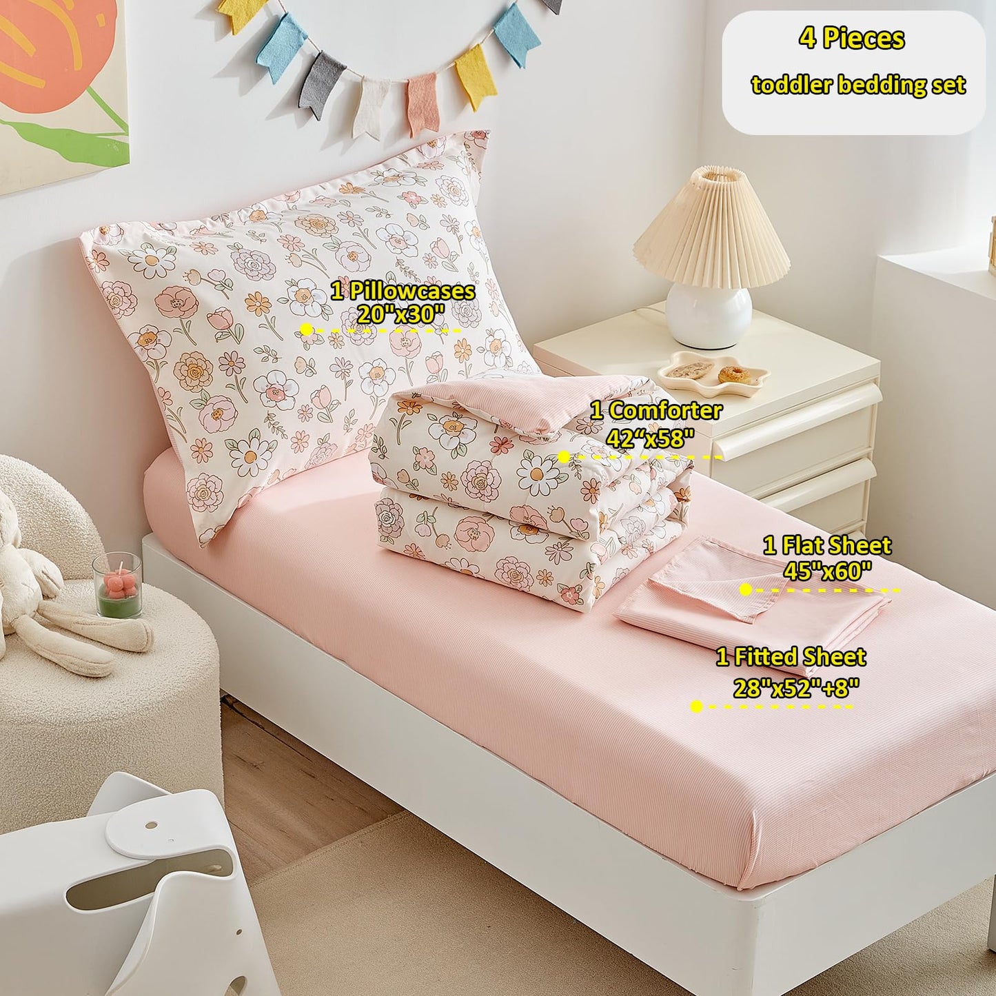 DuShow Floral 4 Piece Girls Toddler Bed Comforter Set Pink Flower Reversible Toddler Bedding Set Soft Baby Crib Bed Sheets Set in a Bag | Include Quilt Comforter,Flat Sheet,Fitted Sheet,Pillowcase