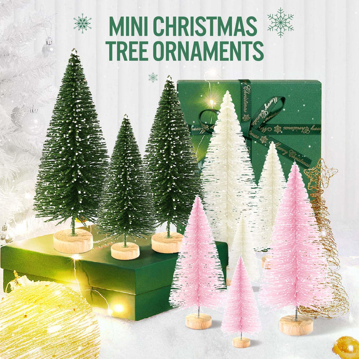 9Pcs Mini Christmas Trees Christmas Decor Artificial Christmas Decorations with 4 Sizes, Christmas Tree Bottle Brush Trees Christmas Table Decorations (Green Beige Pink)
