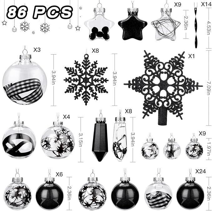 SHareconn 86PCS Christmas Tree Decorations Ornaments Ball Set, Non Breakable Plastic Clear Baubles for Xmas Tree Decor Holiday Wedding Party, Black