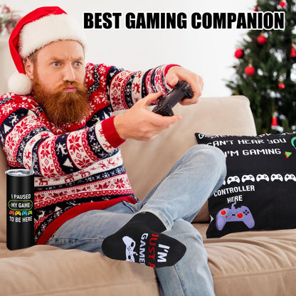 Ziliny 6 Pcs Gamer Gifts Sets for Boys Gaming Throw Blanket Tumblers Funny Pillow Covers Socks Keychain and Gifts Box for Boys Men Teen Gamer Lover