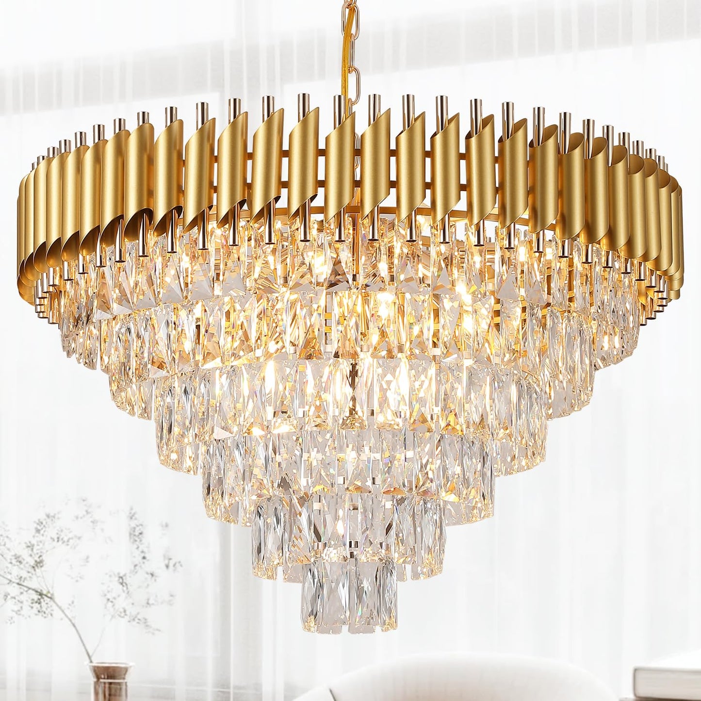 Fashtop K9 6-Tiers Modern Gold Crystal Chandelier 30'' Contemporary Crystal Pendant Chandeliers Light Fixture 16 Lights for Living Room Dining Room Bedroom Entryway Foyer High Ceiling，E12 Base ﻿ ﻿