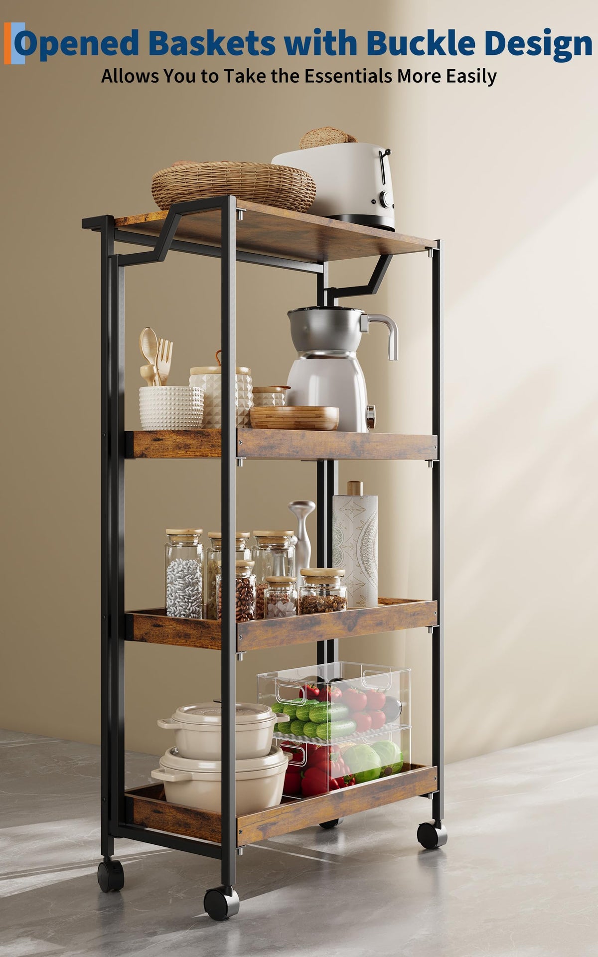 PeakPursuit Large 4-Tier Collapsible Wooden Storage Shelf – Heavy Duty 100 lbs Capacity, Locking Wheels – Space-Saving Organizer for Kitchen, Garage, Workshop, Home – No Assembly Required