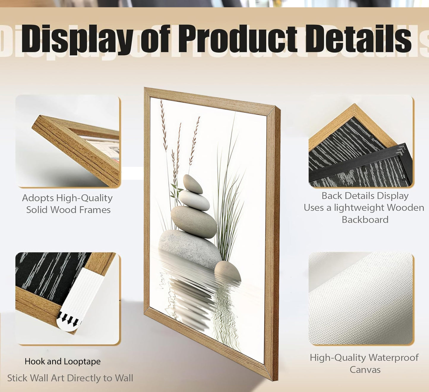 Wooden Frame Zen Stone Canvas Wall Art, Stacked Stones in Water Poster Print. Tranquil Wild Grass Picture for Spa Yoga Meditation Room Bathroom Wall Decor 12x16in Ready to Hang