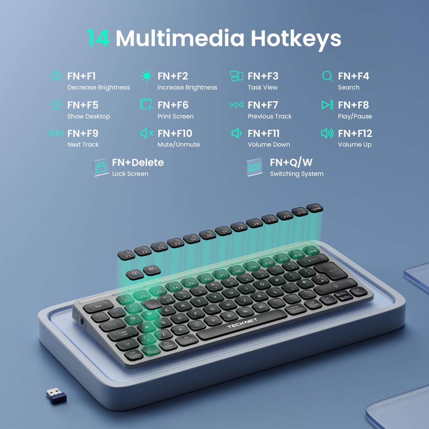 TECKNET Bluetooth Wireless Keyboard - Small Compact Rechargeable 2.4GHz USB Keyboard with 500mAh Battery Capacity for 3 Devices, Widely Compatible with Laptop, PC, UK Layout, Grey