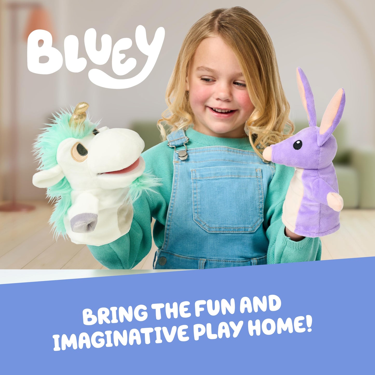Bluey Unicorse & Bob Bilby Hand Puppet Plush 2-Pack – 8-9” Soft Deluxe Fabric, Embroidered Details, Perfect for Toddler Hands, Imaginative Play, Official Bluey Toys, Amazon Exclusive
