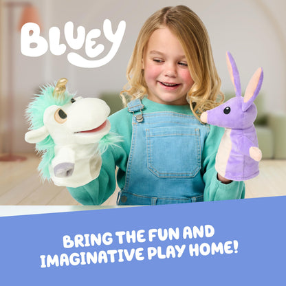 Bluey Unicorse & Bob Bilby Hand Puppet Plush 2-Pack – 8-9” Soft Deluxe Fabric, Embroidered Details, Perfect for Toddler Hands, Imaginative Play, Official Bluey Toys, Amazon Exclusive