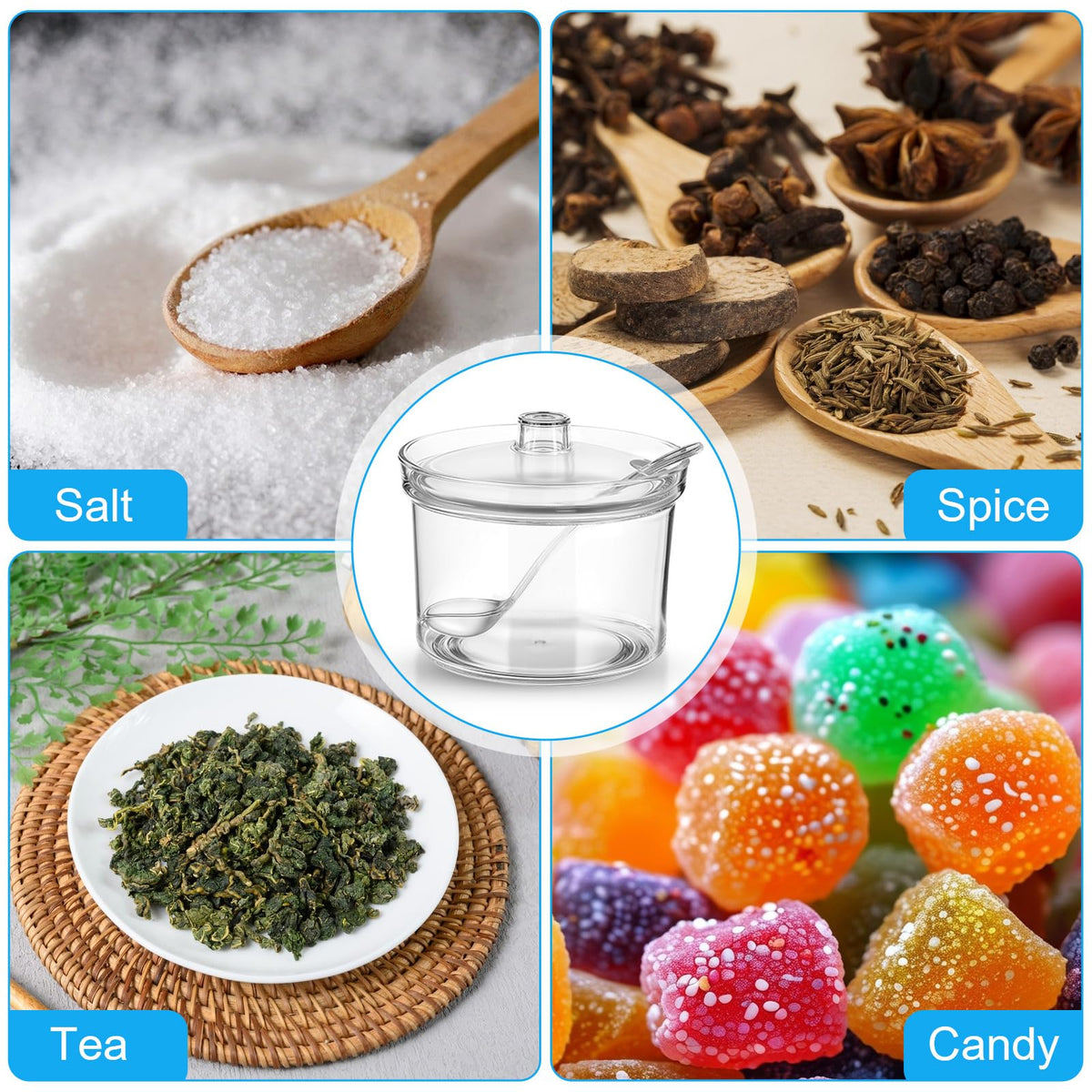 Dimeho 8 Pcs Clear Sugar Bowls Acrylic Salt Storage Jar with Lid and Spoon Organizer Condiment Holder Bottle Case for Kitchen Tea Spices Seasoning Restaurants Cocoa Bar