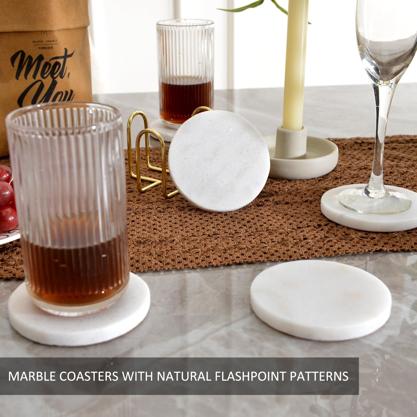 Lasungreen 4 Inches Modern Shining White Marble Coasters with Gold Metal Holder, Round Natural Stone Drink Coasters, Set of 5 Coasters Decorative for Home