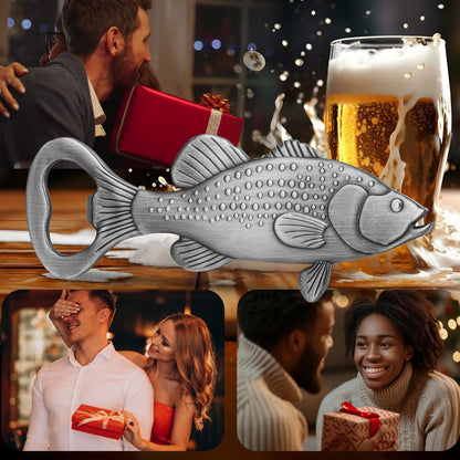 LKKCHER Bass Beer Bottle Opener, Fishing Gifts for Fisherman, Bass Fish Decoration, Birthday Fathers Day Christmas Gifts for Men Women Dad Fisherman, Silver Beer Accessories with Gift Box