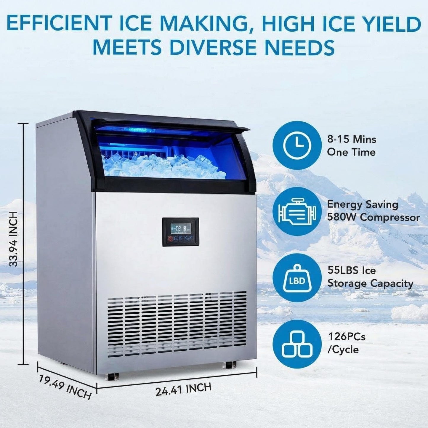 High-Efficiency Commercial Ice Machine – 200 lbs/24h Production, 55 lbs Storage, 126 Cubes/12 Min, LED Panel, Built-in Filter, for Home, Office, Bar, Parties