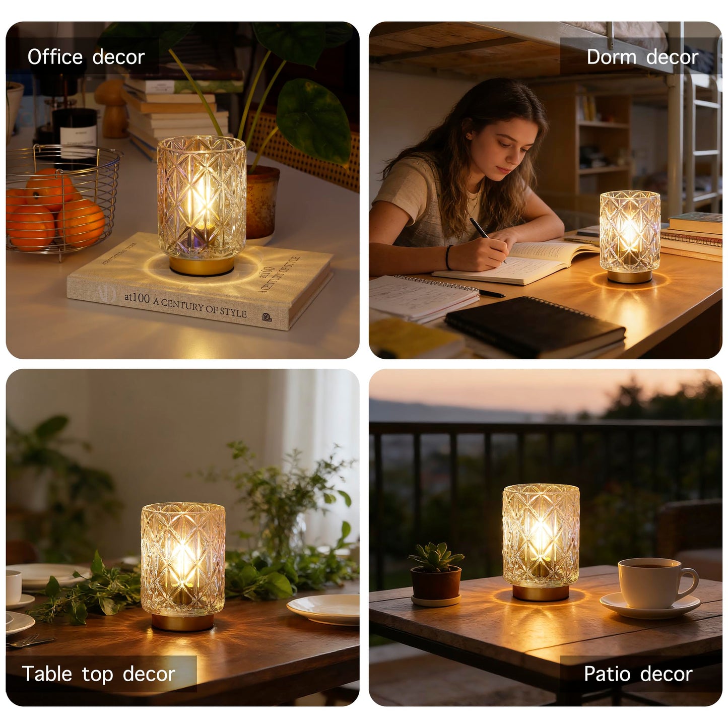 Battery Operated Lamp,Cordless Samll Glass Accent Lamp with Timer for Nightstand,Warm White Cozy Ambient Decorative Table Lamps for Shelf/Dorm/Office Cubicle/Desk/Entryway/Bedside(Iridescent Clear)