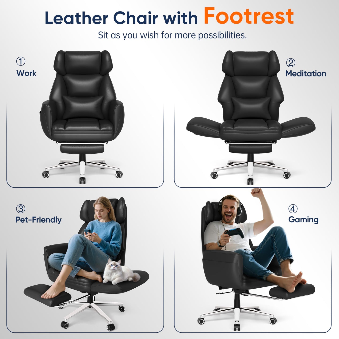 GABRYLLY Ergonomic Chair with Footrest – Wide Cross Legged Chair with Reversible Armrests, 120°Tilt, Lumbar Support,Heavy-Duty Base, Big and Tall Executive Chair Plus, Black, GY82766