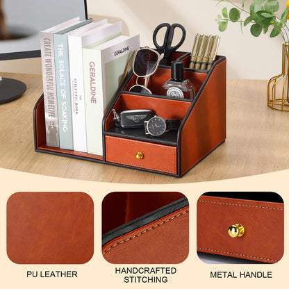 KINGFOM PU Leather Desk Organizer, Multifunction 6 Compartment Desk Organizers and Accessories for Office Supplies, Pen Pencil Holder/Book Mail Organizer Holder for Desk with Drawer (Brown)
