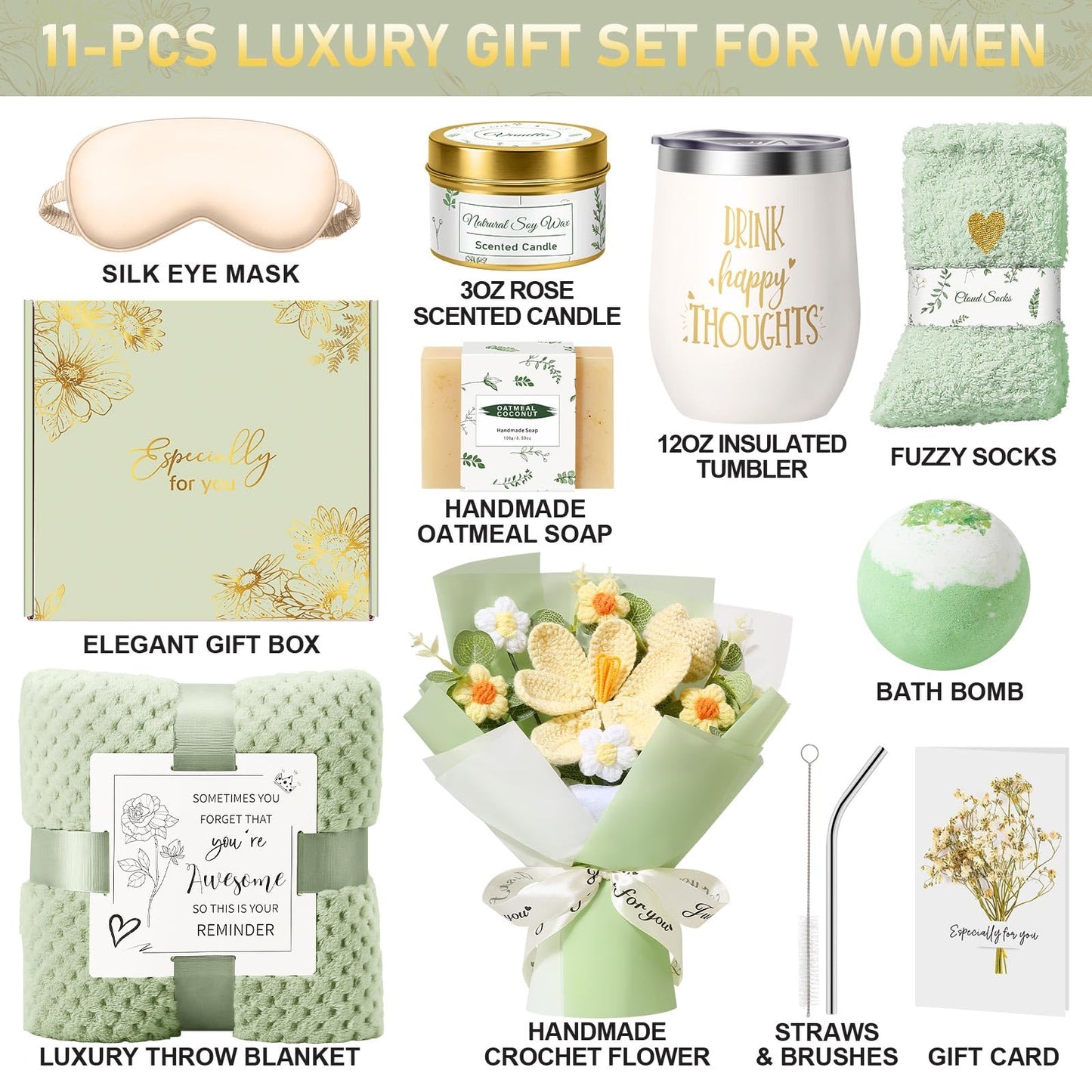 Birthday Gifts for Women, Gift Baskets for Women Self Care Spa Set, Get Well Care Package Inspirational Relaxation Mothers Day Gifts with Crochet Flower Bouquet for Mom Friend Sister