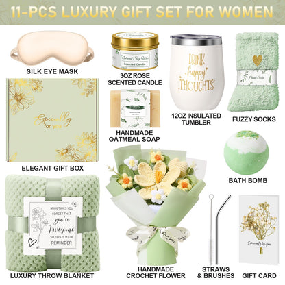 Birthday Gifts for Women, Gift Baskets for Women Self Care Spa Set, Get Well Care Package Inspirational Relaxation Mothers Day Gifts with Crochet Flower Bouquet for Mom Friend Sister