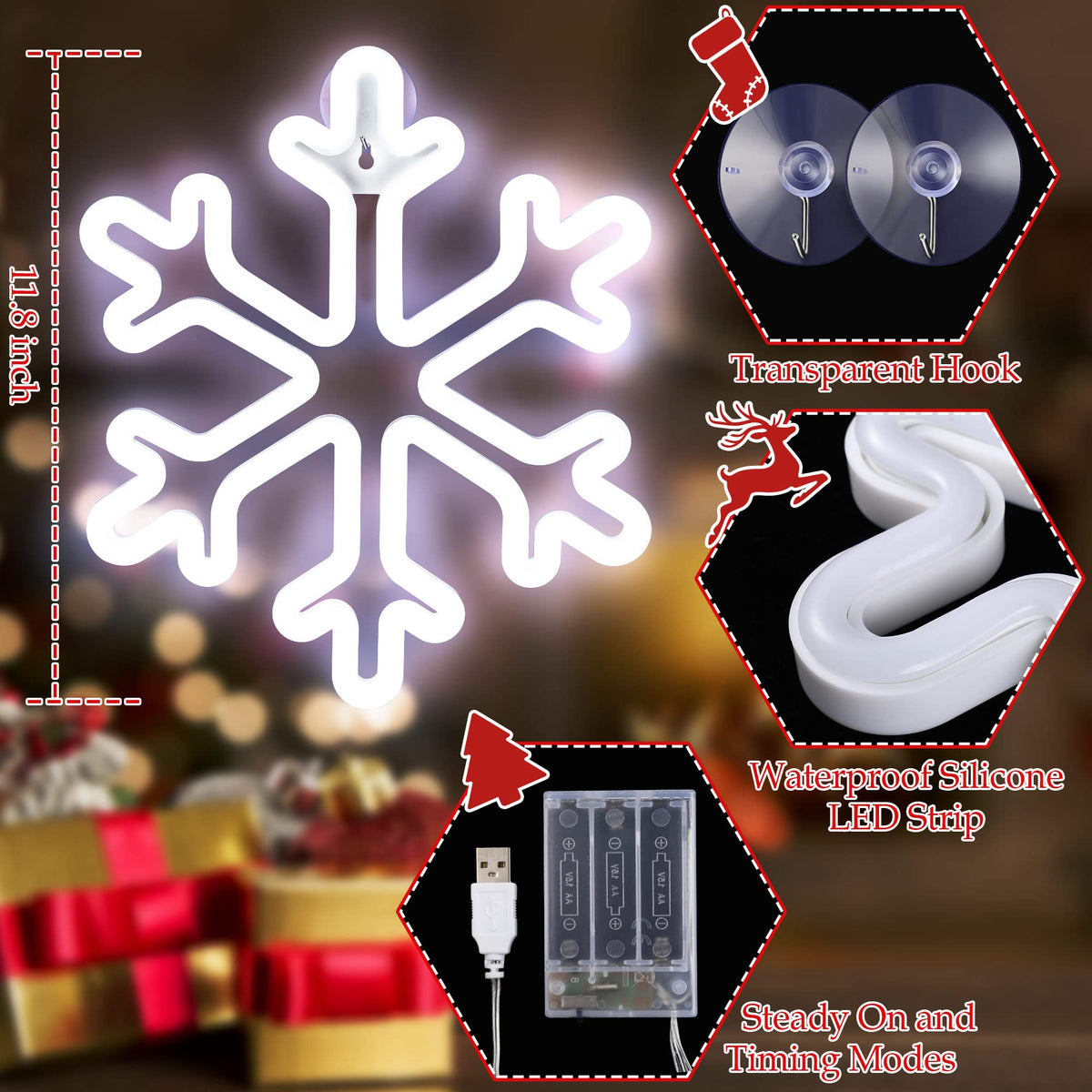 Enhon Christmas Neon Snowflake Light, 12 Inch Giant Snowflake Lights, Battery and USB Powered Christmas Curtain Neon Sign with Timer for Xmas Party Decoration(Cool White,2 Pack)