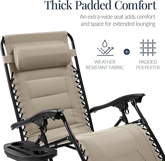 Best Choice Products Oversized Padded Zero Gravity Chair, Folding Outdoor Patio Recliner, XL Anti Gravity Lounger for Backyard w/Headrest, Cup Holder, Side Tray, Polyester Mesh - Dune