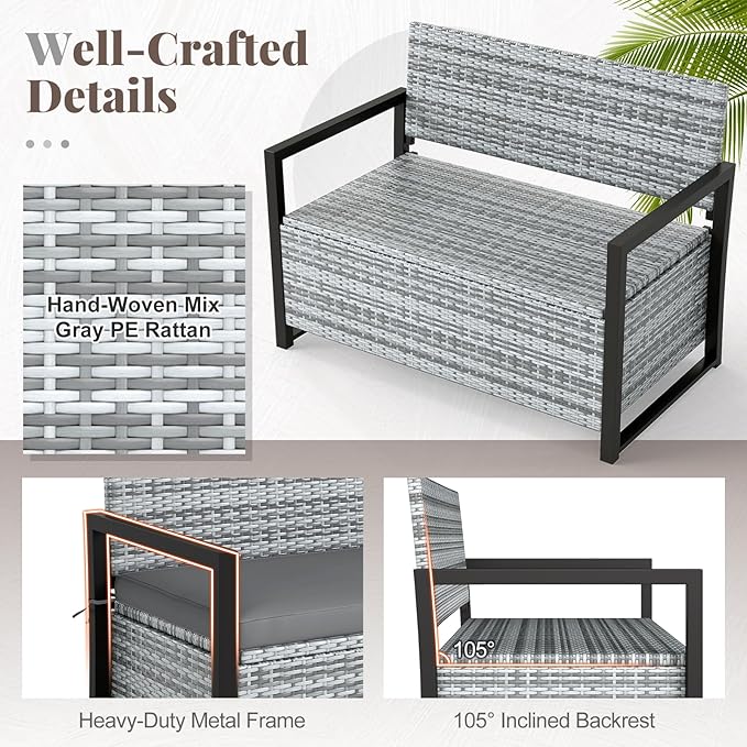 RELAX4LIFE Wicker Outdoor Bench with Storage - Rattan Deck Box w/Protective Liner for Pillows, Pool Supplies, Garden Tools, Patio Loveseat with Seat Cushion & Metal Armrests for Backyard Porch Balcony