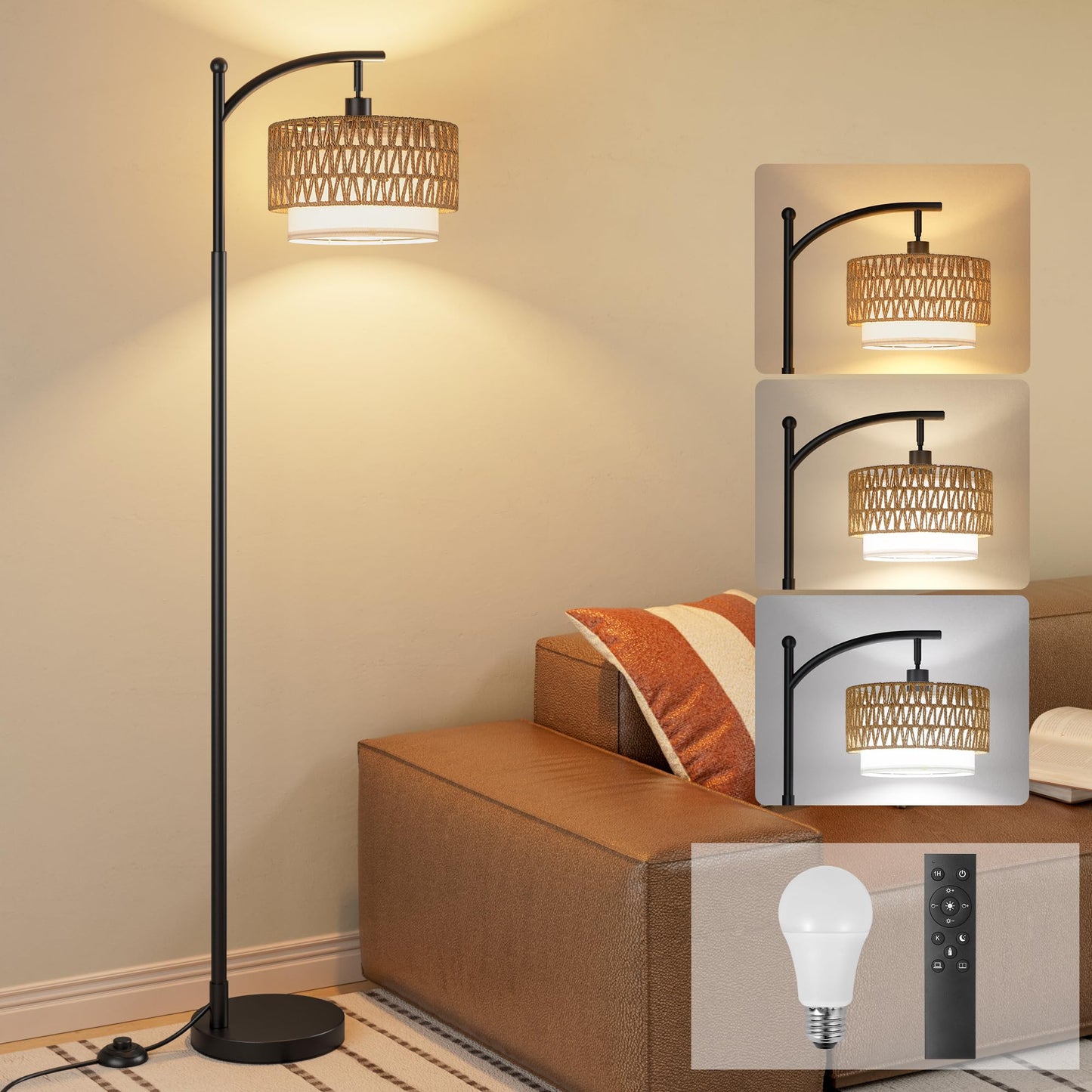 Ambimall Arc Floor Lamp for Living Room with Remote, Color Temperature & Brightness Adjustable, Boho Standing Lamp with Rattan & Fabric Double Drum Shades, Bulb Included(Black)