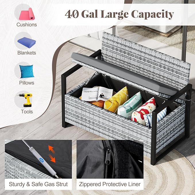 RELAX4LIFE Wicker Outdoor Bench with Storage - Rattan Deck Box w/Protective Liner for Pillows, Pool Supplies, Garden Tools, Patio Loveseat with Seat Cushion & Metal Armrests for Backyard Porch Balcony