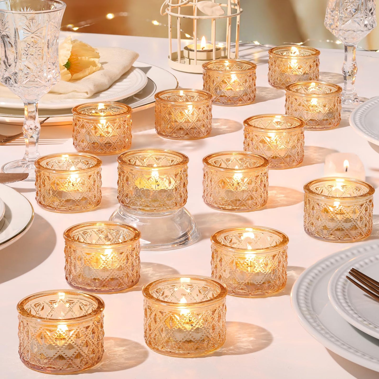 MATAHUM 24 Pack Gold Tealight Candle Holders, Glitter Diamond Glass Votive Candle Holders Bulk for Wedding Centerpieces, Bridal Shower, Baby Shower, Birthday, Anniversary, Party Decor