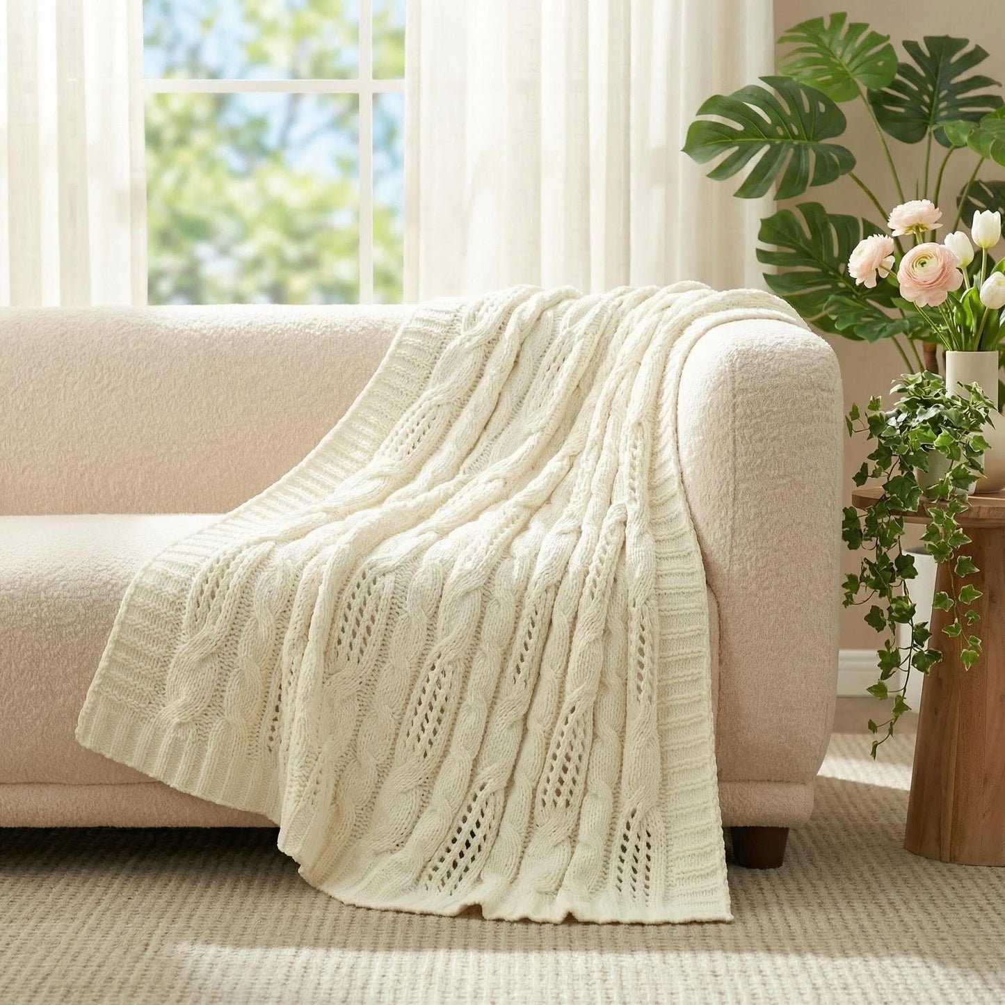 Amélie Home Chunky Knit Throw Blanket, Dual-Sided Soft Chenille Breathable Cable Knitted Blanket for Couch, Farmhouse Decorative Throw for Sofa & Chair, 50"x60", Ivory