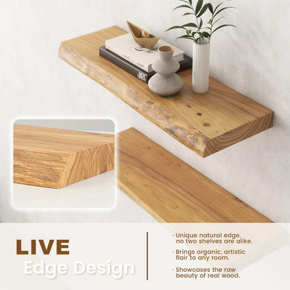 Venusmiles Live Edge Elm Floating Shelves for Wall Decor, Rustic Solid Wood Shelves Wall Mounted with Invisible Bracket for Living Room Bathroom Bedroom Kitchen, 24 Inch Set of 2, Natural