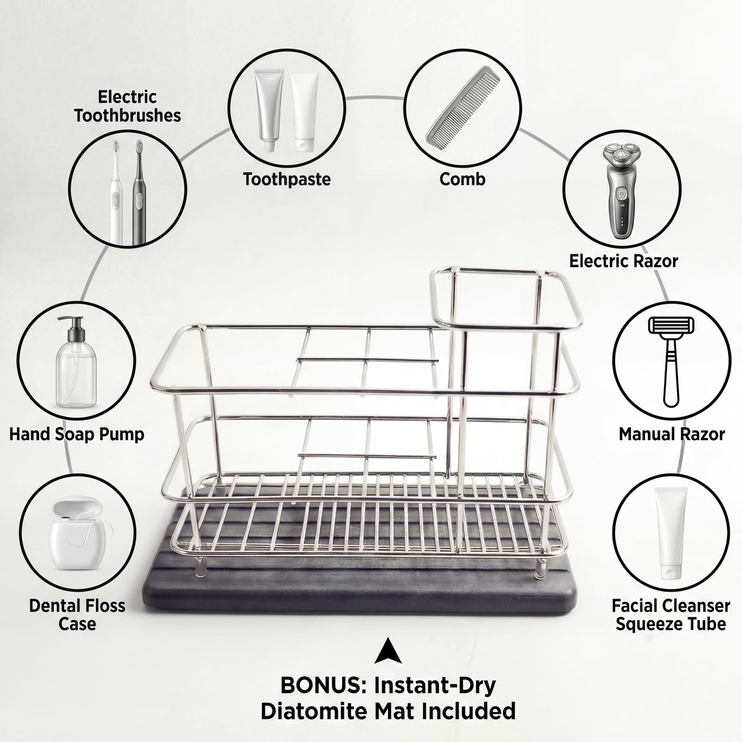 Cong He Toothbrush Holder for Bathroom Countertop, Stainless Steel Electric Toothbrush Organizer with Quick-Drying Diatomite Stone Mat, Rustproof Vanity Caddy for Toothpaste and Razors, Grey