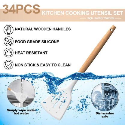 Silicone Cooking Utensils Set, 43Pcs Non-Stick Heat Resistant Kitchen Utensils Spatula Set with Wooden Handle for Baking, Cooking, and Mixing, Best Kitchen Gadgets Tools with Holder (White)