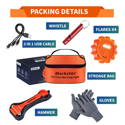Markstor Led Road Flares 4 Pack LED Flares Emergency Kit, USB Recharge Amber LED Flares Warning Light with Magnetic, Roadside Safety Disc Flares Kit with Breaker,Whistle for Vehicle (4 Pack Parts)