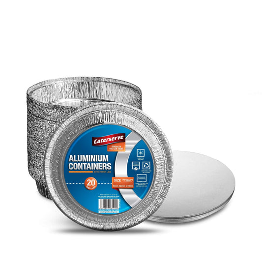 20 Aluminium Foil Trays with Paper Lids – Round Foil Flan Dishes – Durable and Food Grade Tin Pie Cases – Oven and Freezer Safe – Baking Trays Containers - 9 inch-23cm