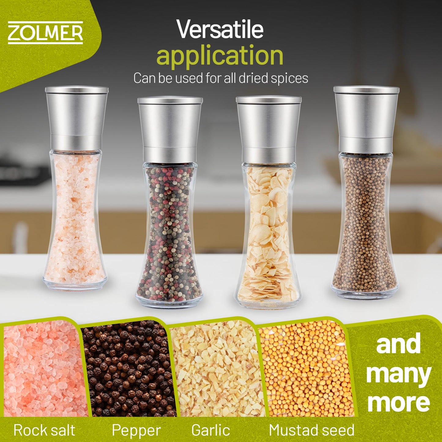 ZOLMER® Premium Stainless Steel Salt and Pepper Grinder Set manual | Adjustable Ceramic Grinder for Salt and Pepper, Chili and more - Big Silver [No Spices Included]