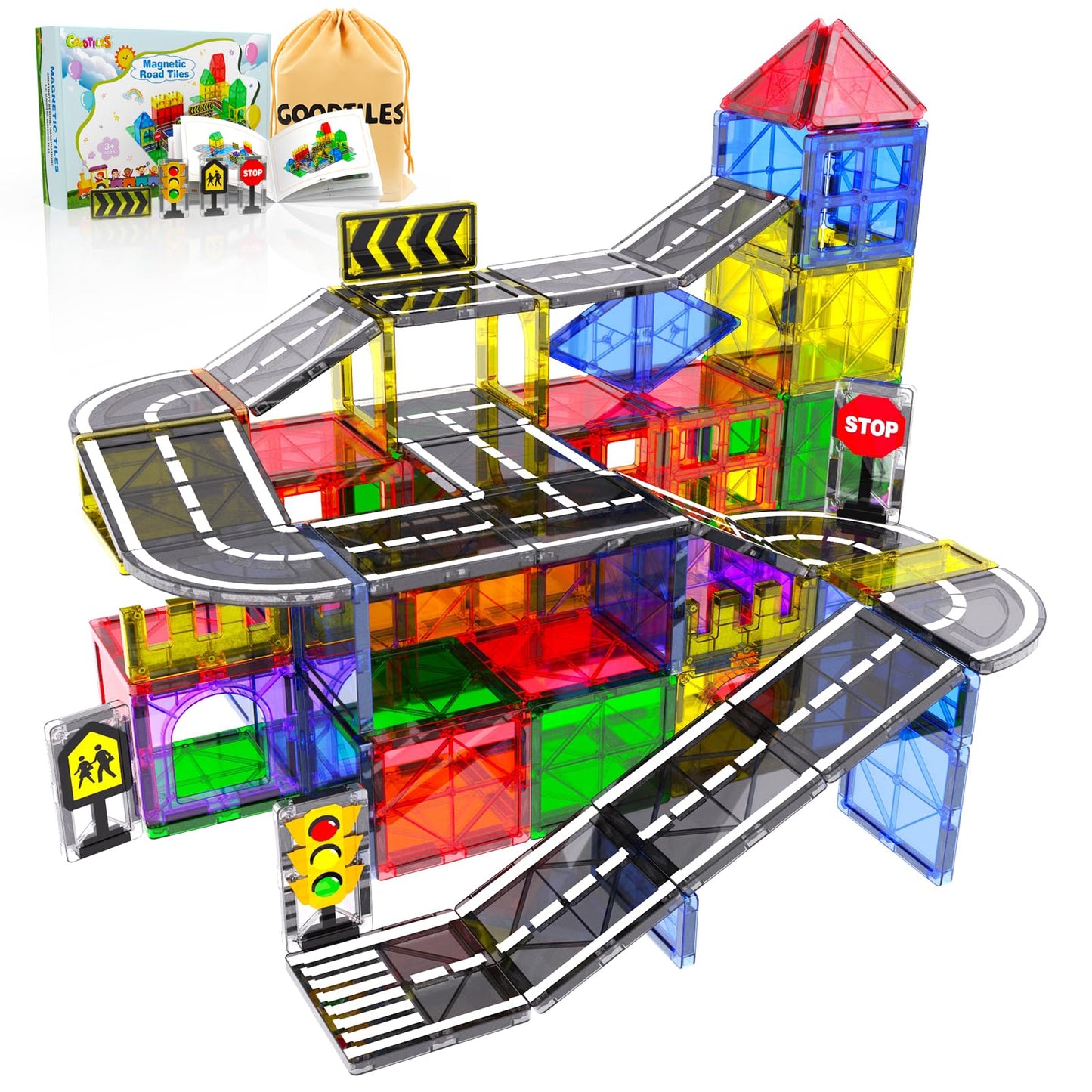 Magnetic Tiles - Road Set, Magnetic Building Blocks, Preschool Montessori Toys Gift for 3+ Year Old Boys and Girls, Sensory Christmas Toys for Kids Aged 3-5 and 4-8, Ideas for Toddler with Autism