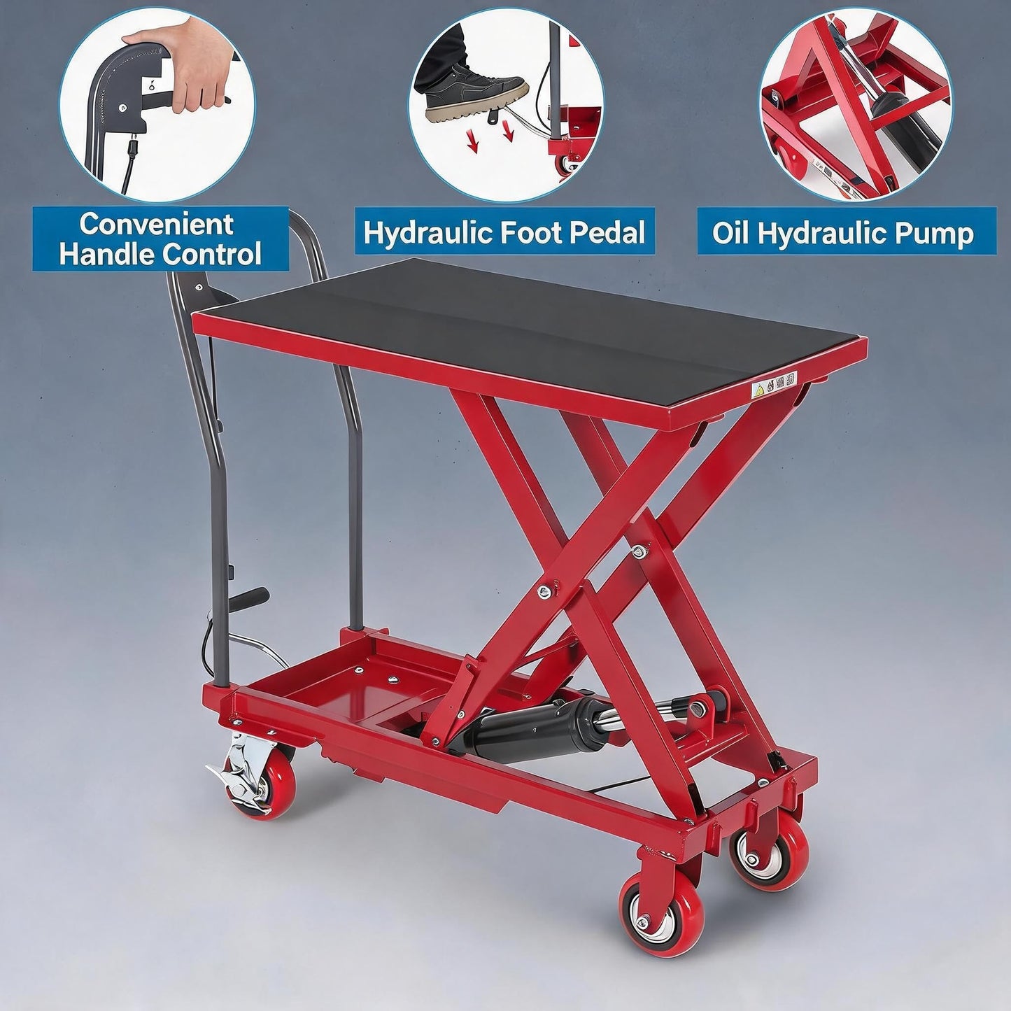 Garvee Hydraulic Lift Table Cart, 330 LBS Capacity 28.5 in Lifting Height, Single Scissor Lift Table with 4 Wheels and Non-Slip Pad for Material Handling and Transportation, Red