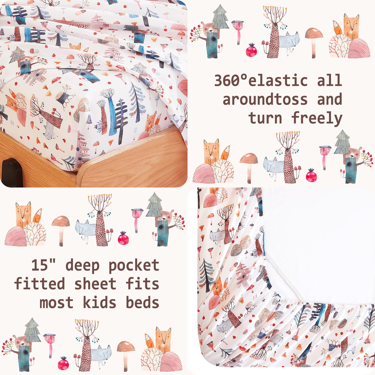 Softan Kids Bed Sheet Set, 3-Piece Twin Sheets Set, Microfiber Fitted Sheet with 15 Inches Deep Pocket and Corner Straps, Breathable & Silky Soft Watercolor Fox Bear Pattern Sheet and Pillowcase Sets