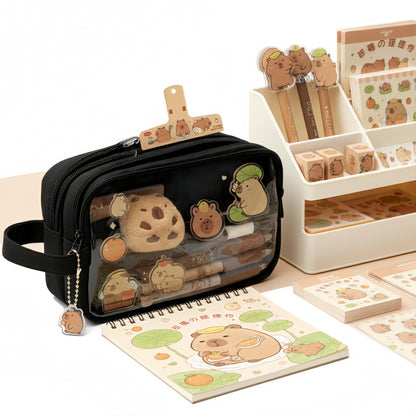 IN Chenthy Kawaii Capybara Pencil Case Kit with Plush +Notepad+Pendant+Stickers+Binder clips+Diary Clip+Pens, 5-Layer Large Capacity Capybara Stationery Set Gifts for Office, Makeup. (Black)